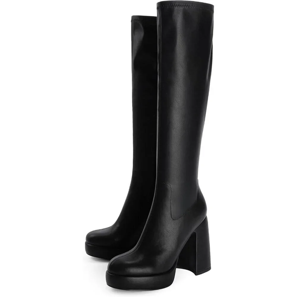 Women's Black Platform Knee High Boots Chunky Heel Rounded Toe Zipper